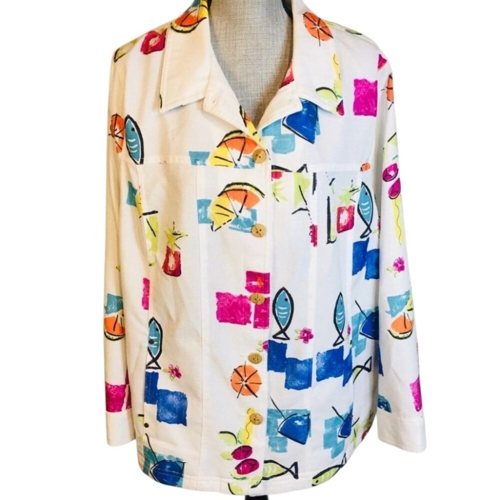 Allison Daley 22W Jacket Nautical Fish Print Colorful Beach Summer Artsy